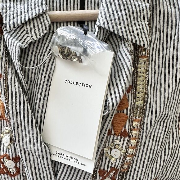 NWT Zara Collection S Striped Embroidered Embellished cotton Button Up Shirt - Picture 5 of 14